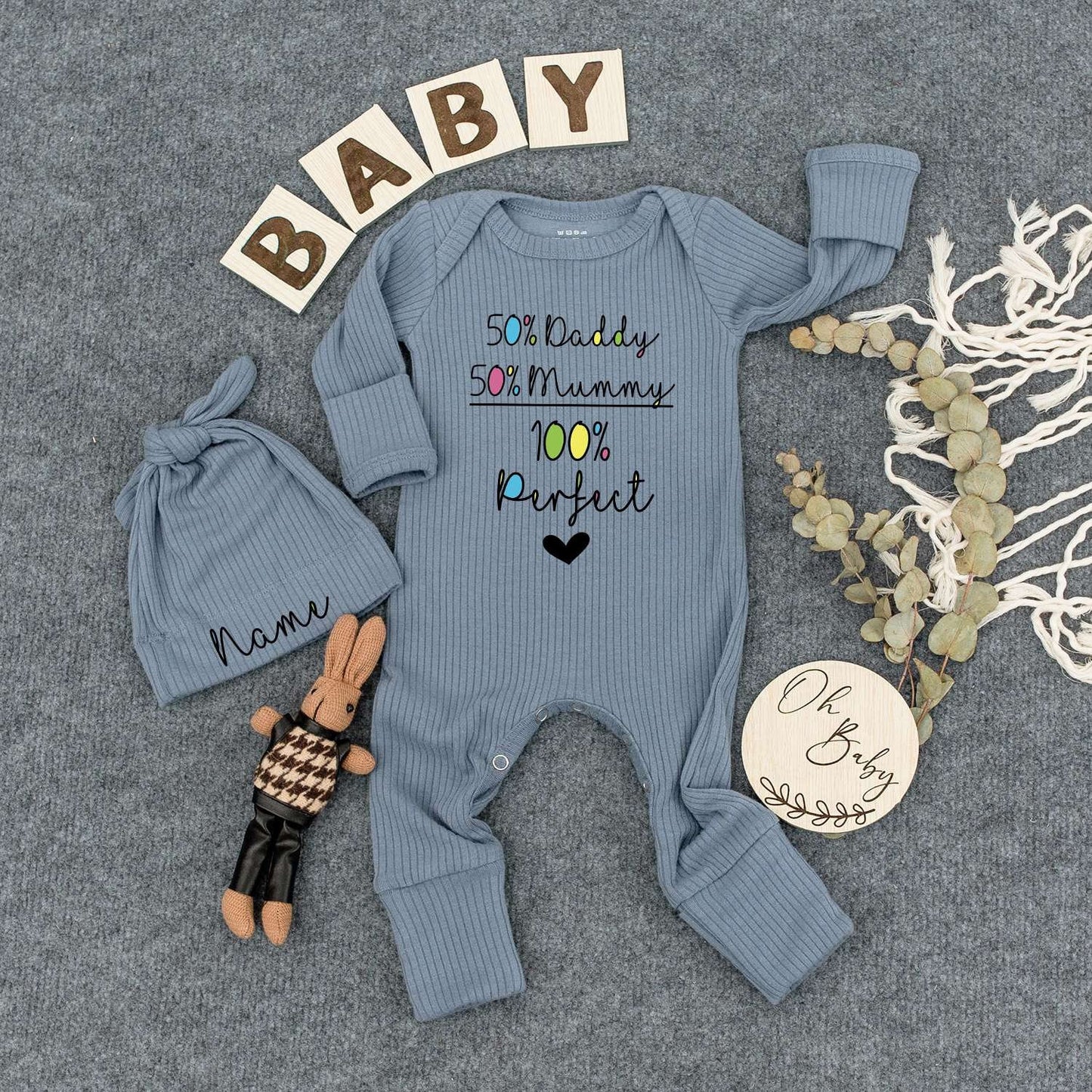 50% Daddy 50% Mummy 100% Perfect Baby Outfit Set, Personalized Newborn Gift, Custom Name Beanie & Romper, Cute Kid