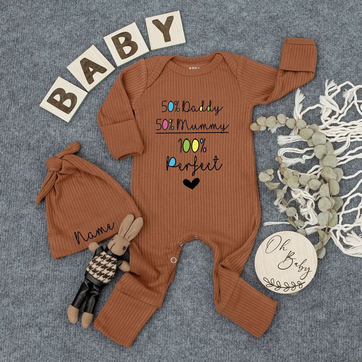50% Daddy 50% Mummy 100% Perfect Baby Outfit Set, Personalized Newborn Gift, Custom Name Beanie & Romper, Cute Kid