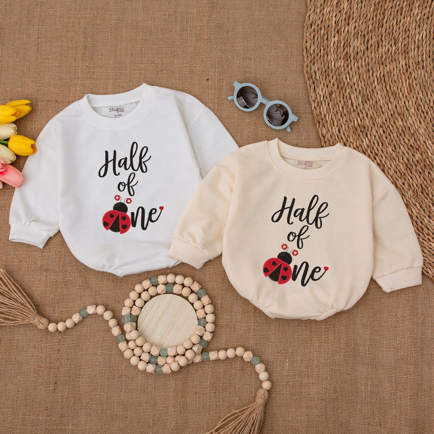Ladybug Half of One Baby Girl Romper 6 Month Birthday Outfit Red Black Flower Design Half Birthday Bodysuit Gift