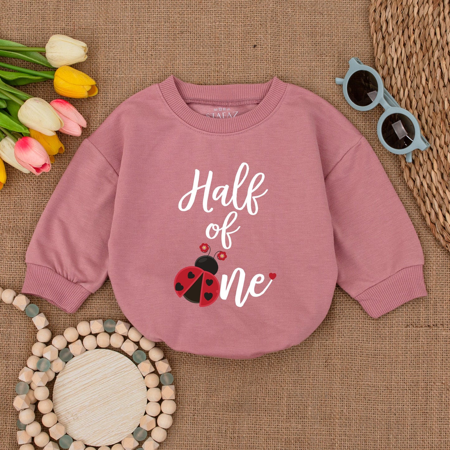 Ladybug Half of One Baby Girl Romper 6 Month Birthday Outfit Red Black Flower Design Half Birthday Bodysuit Gift