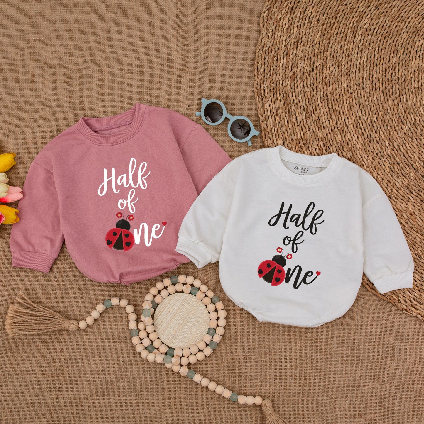 Ladybug Half of One Baby Girl Romper 6 Month Birthday Outfit Red Black Flower Design Half Birthday Bodysuit Gift
