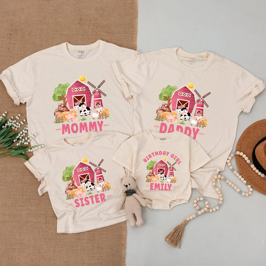 Whimsical Farm Birthday Shirt Mommy Daddy Sister Birthday Girl Emily Baby Bodysuit Barnyard Animals Cow Pig Sheep Pink Tree Sun
