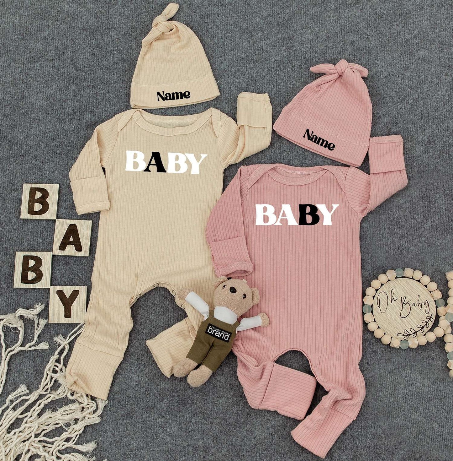 Baby Twin Outfits, Custom Name on Hat, Unisex Twin Outfits with Bold 'BABY' Print & Personalized Name