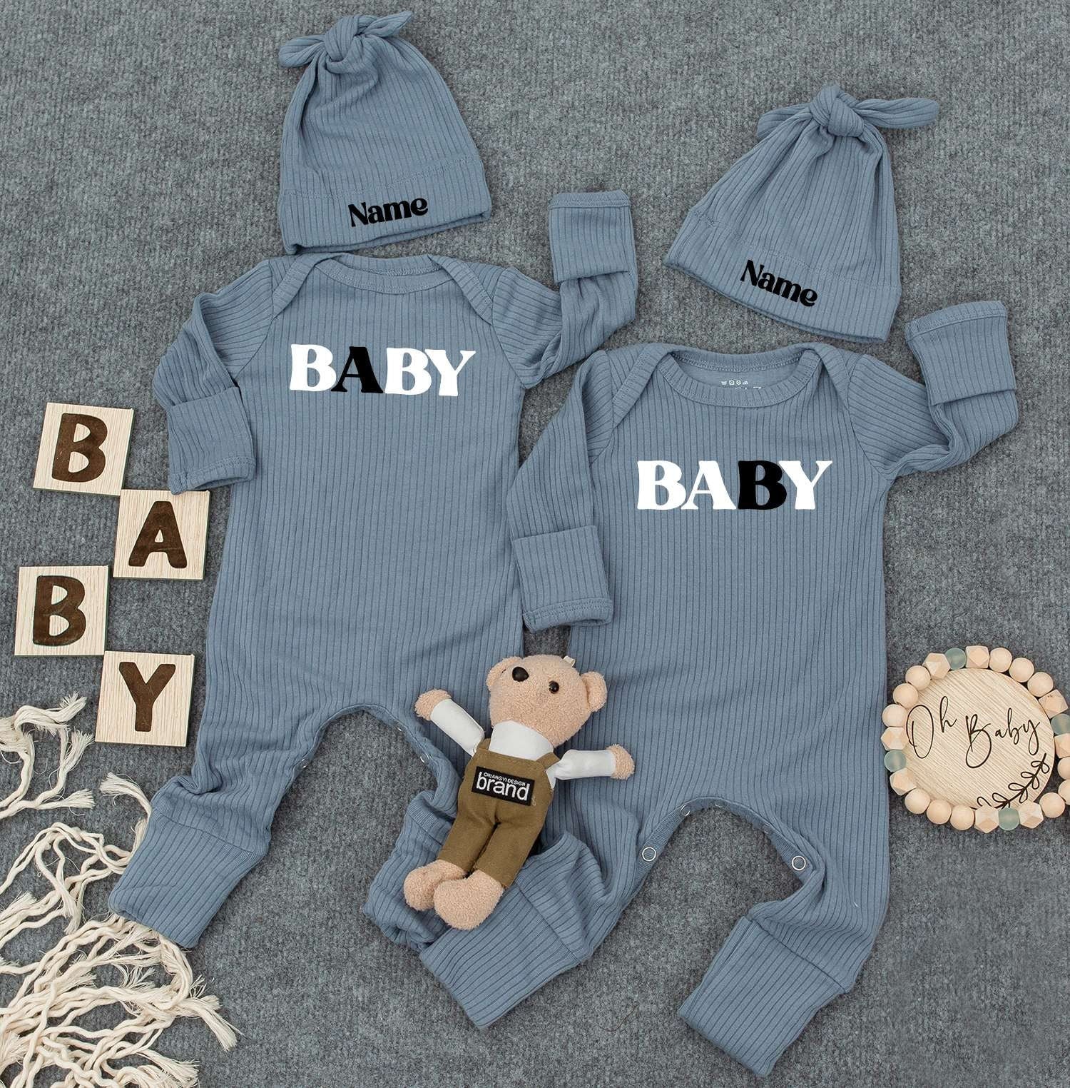 Baby Twin Outfits, Custom Name on Hat, Unisex Twin Outfits with Bold 'BABY' Print & Personalized Name