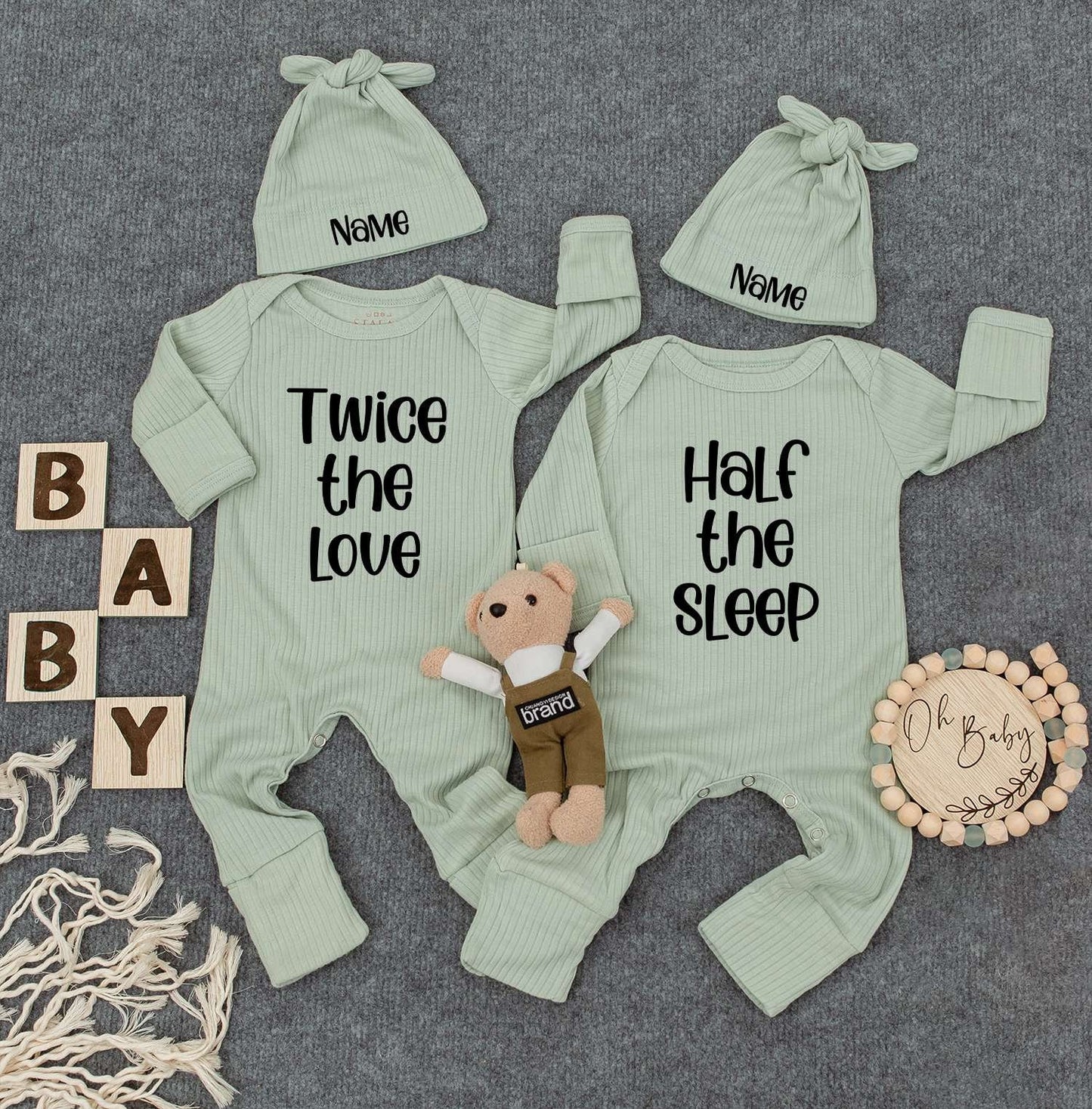 Personalized Twin Baby Set: Twice the Love, Half the Sleep, Cute Newborn Twin Outfits with Custom Name Hats