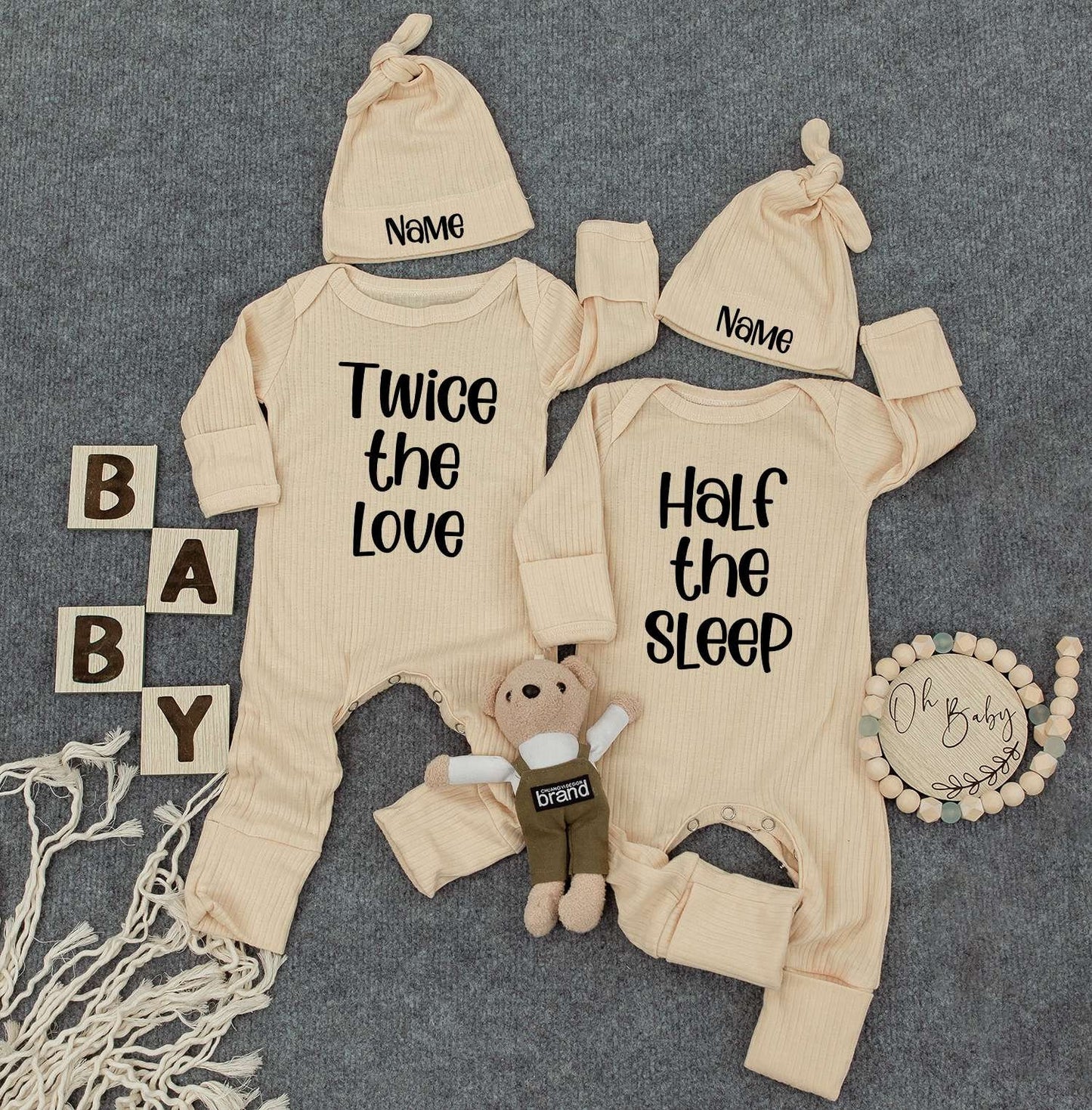 Personalized Twin Baby Set: Twice the Love, Half the Sleep, Cute Newborn Twin Outfits with Custom Name Hats