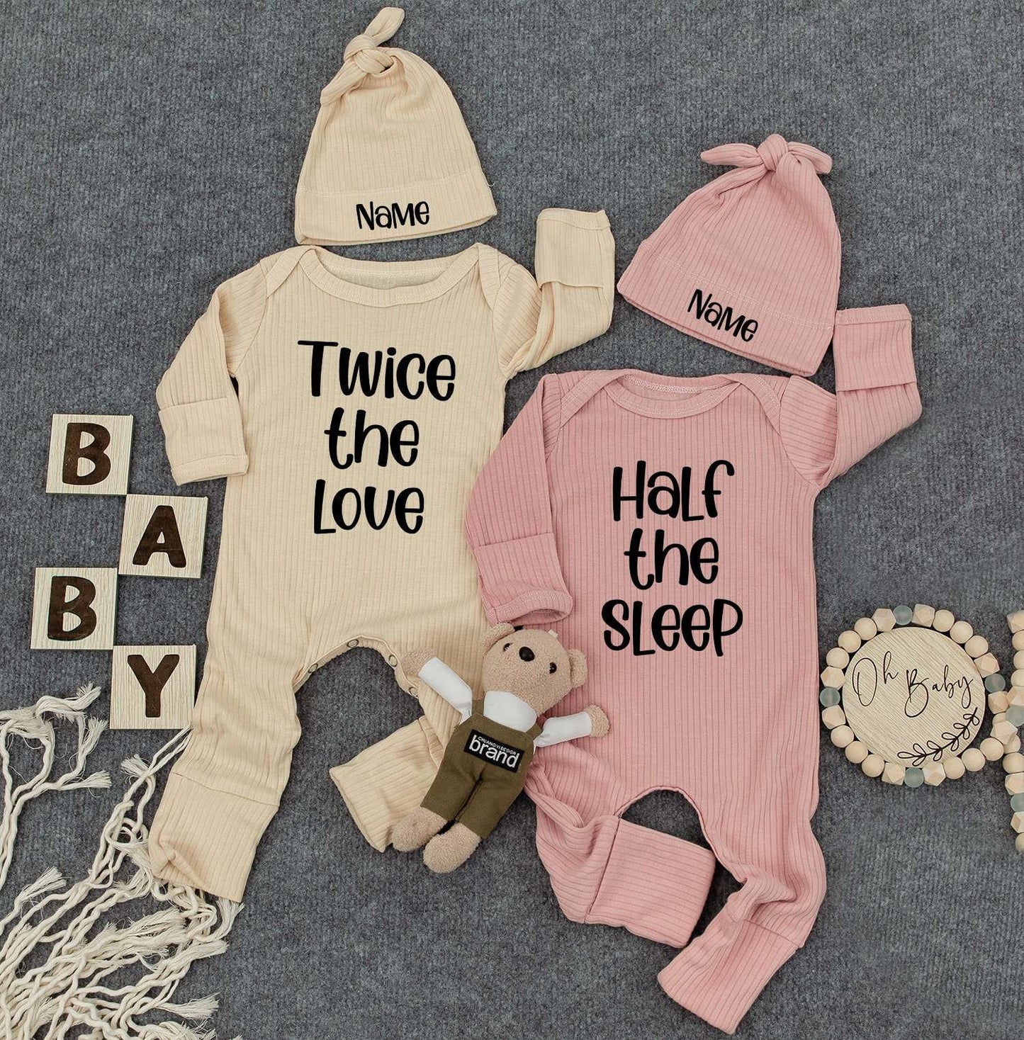 Personalized Twin Baby Set: Twice the Love, Half the Sleep, Cute Newborn Twin Outfits with Custom Name Hats