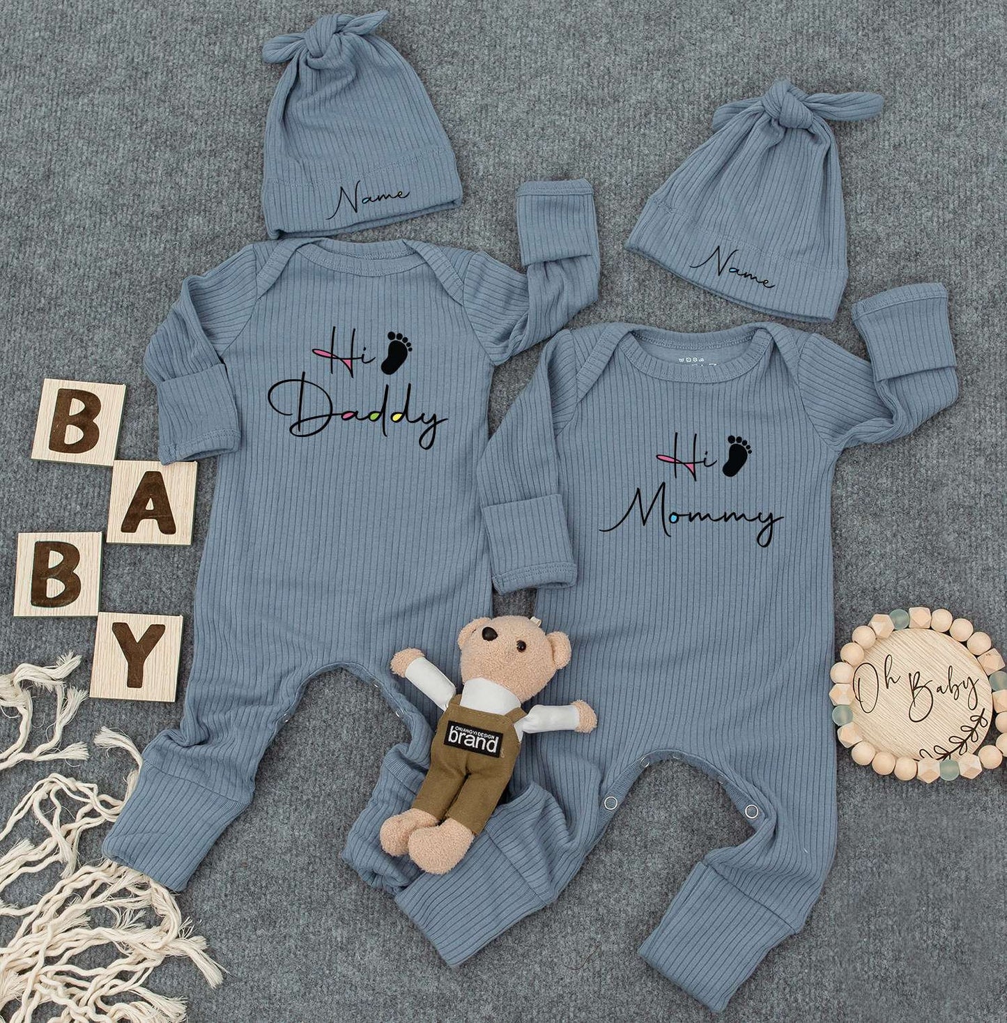 Unisex Twin Outfits, Custom Name Twin Baby Sets, Hi Daddy/Mommy Newborn Twin Outfits, Gift for Baby Twins