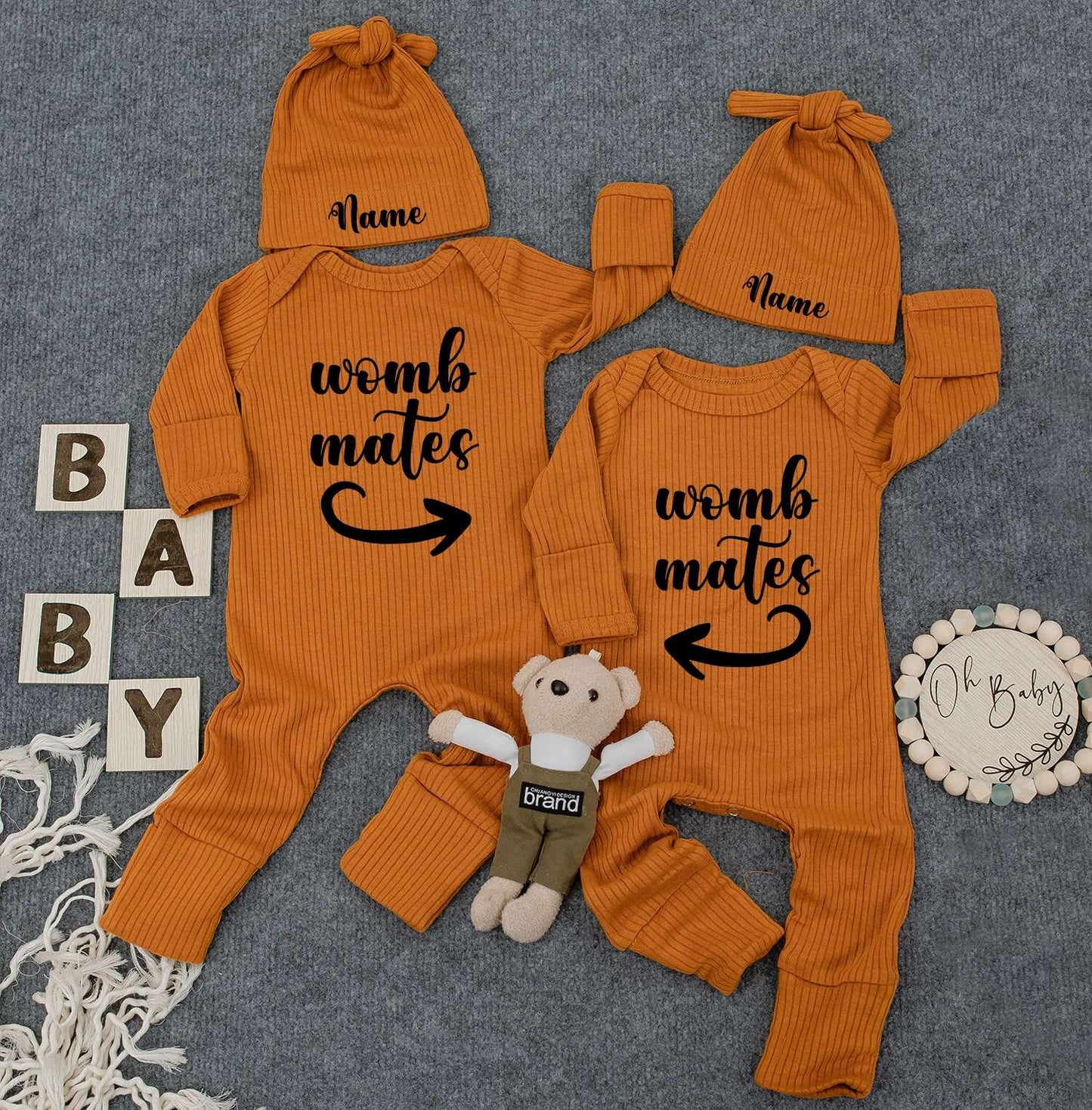 Personalized Baby Twin Bodysuit Set: Custom Name Hat & Womb Mates Shirts Cute Newborn Outfit, New Mom Gift, Soft Cotton Romper Sleepsuit Set 138