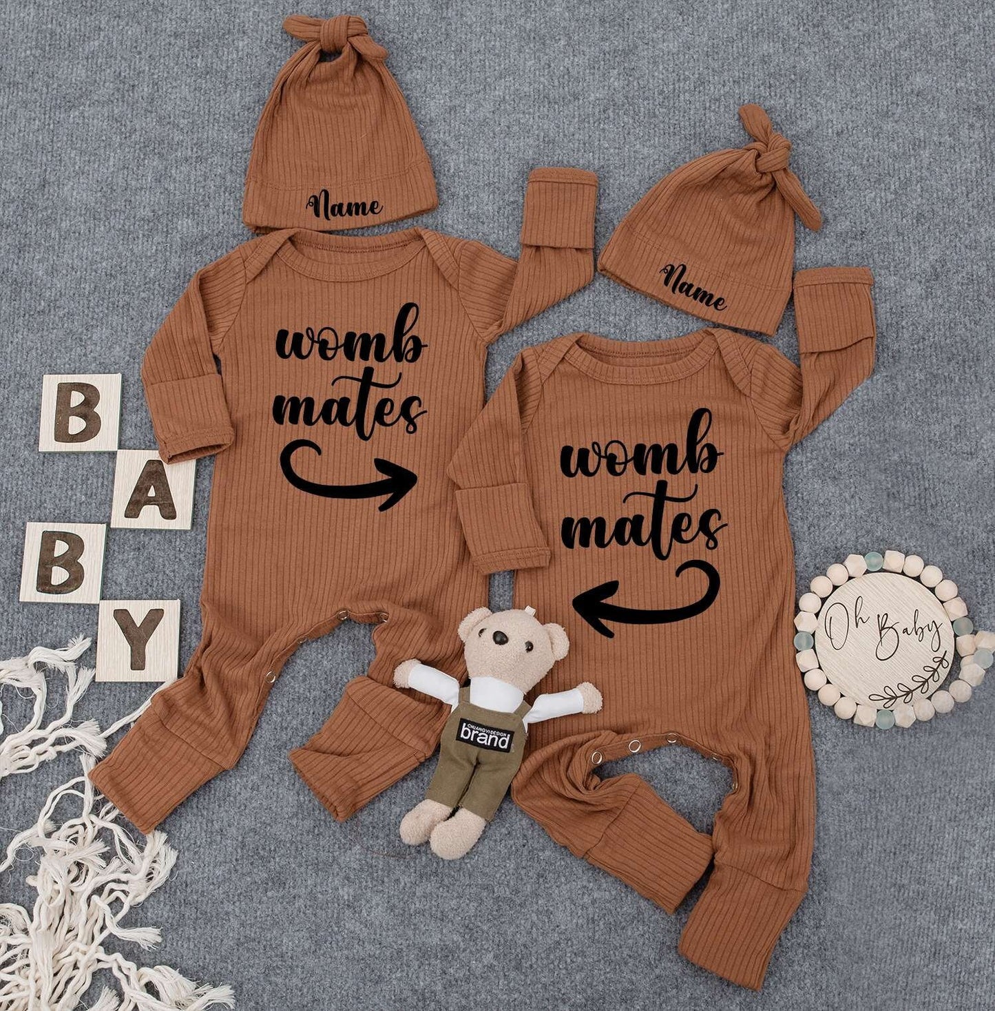 Personalized Baby Twin Bodysuit Set: Custom Name Hat & Womb Mates Shirts Cute Newborn Outfit, New Mom Gift, Soft Cotton Romper Sleepsuit Set 138