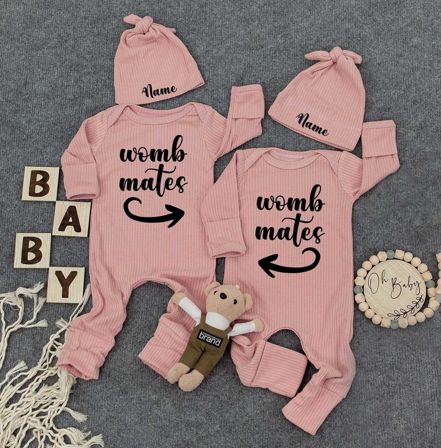 Personalized Baby Twin Bodysuit Set: Custom Name Hat & Womb Mates Shirts Cute Newborn Outfit, New Mom Gift, Soft Cotton Romper Sleepsuit Set 138