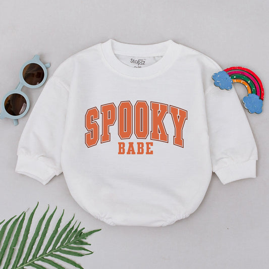 Spooky Babe Romper for Baby Girls, First Halloween Outfit, Fall Baby Shower Gift, Cute Boo Costume Spooky Season White Collegiate Text Design