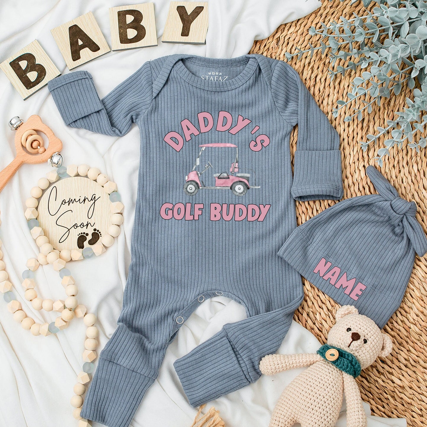 Personalized Pink Daddy's Golf Buddy Baby Bodysuit & Hat Set with Golf Cart Design New Dad Gift Infant Boy Girl Shower Announcement Outfit