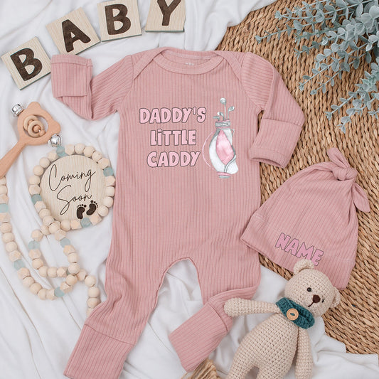 Daddy's Little Caddy Baby Bodysuit Pink Golf Bag Outfit Set Newborn Clothes Funny Father's Day Gift Baby Shower Pregnancy Announcement Cute Golfing Buddy