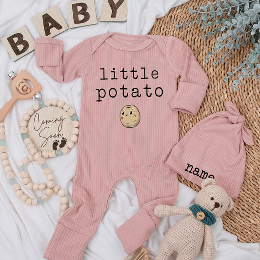 Little Potato Baby Bodysuit & Hat Set Personalized with Custom Name, Going Home Outfits Gift, Little Spud Best Gift For Baby