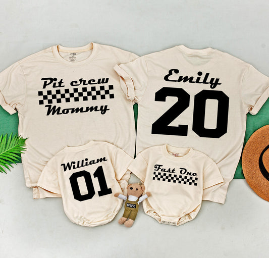 Fast One Race Car Family Matching Birthday Shirts for 1st Birthday Boy Outfit with Checkered Flag Design Pit Crew Mommy Tee