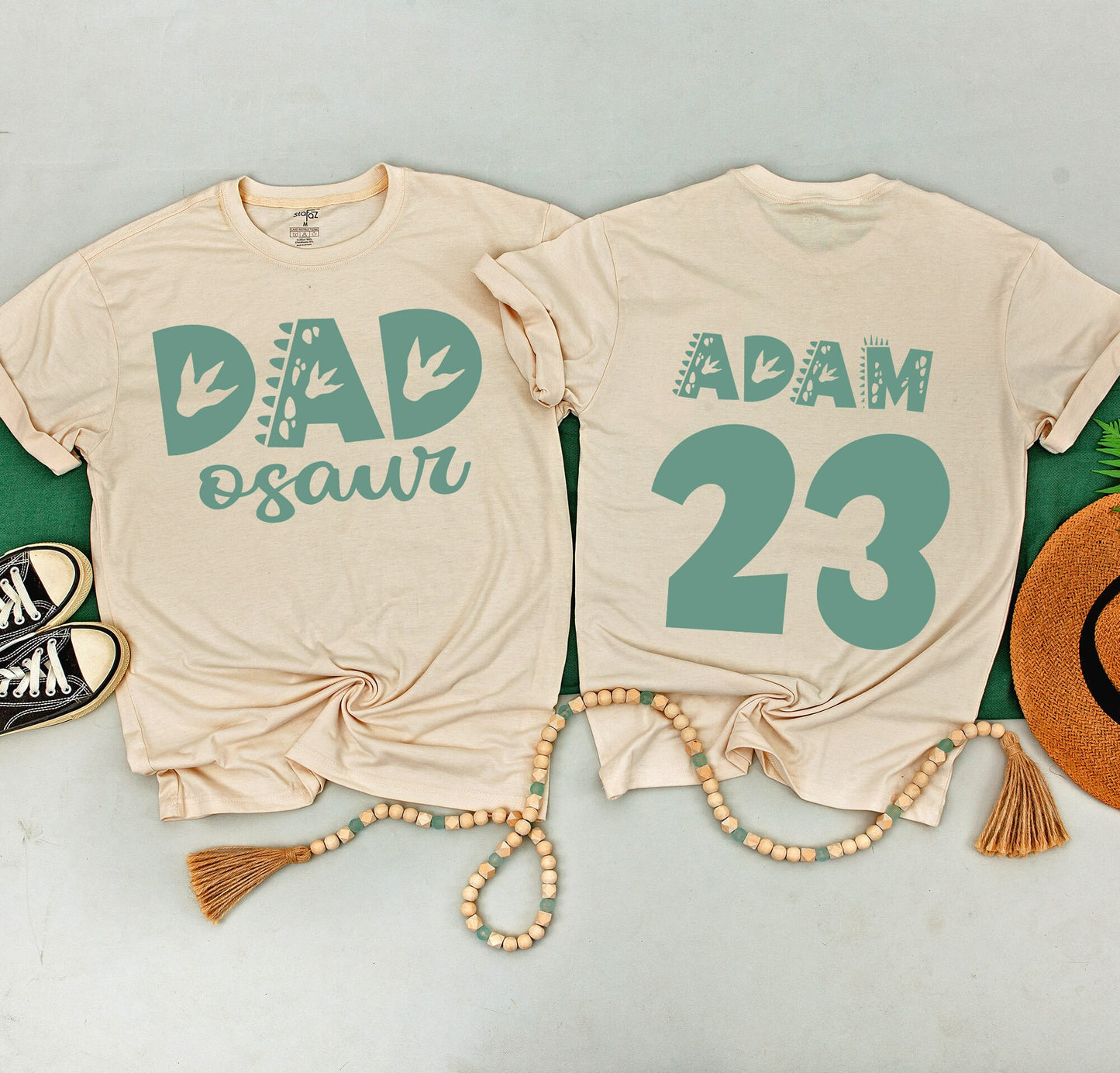 Matching Teal Dinosaur 1st Birthday Family Shirts: Dad-osaur, Adam 23, Alex 01! One-A-Saurus First Birthday Outfit