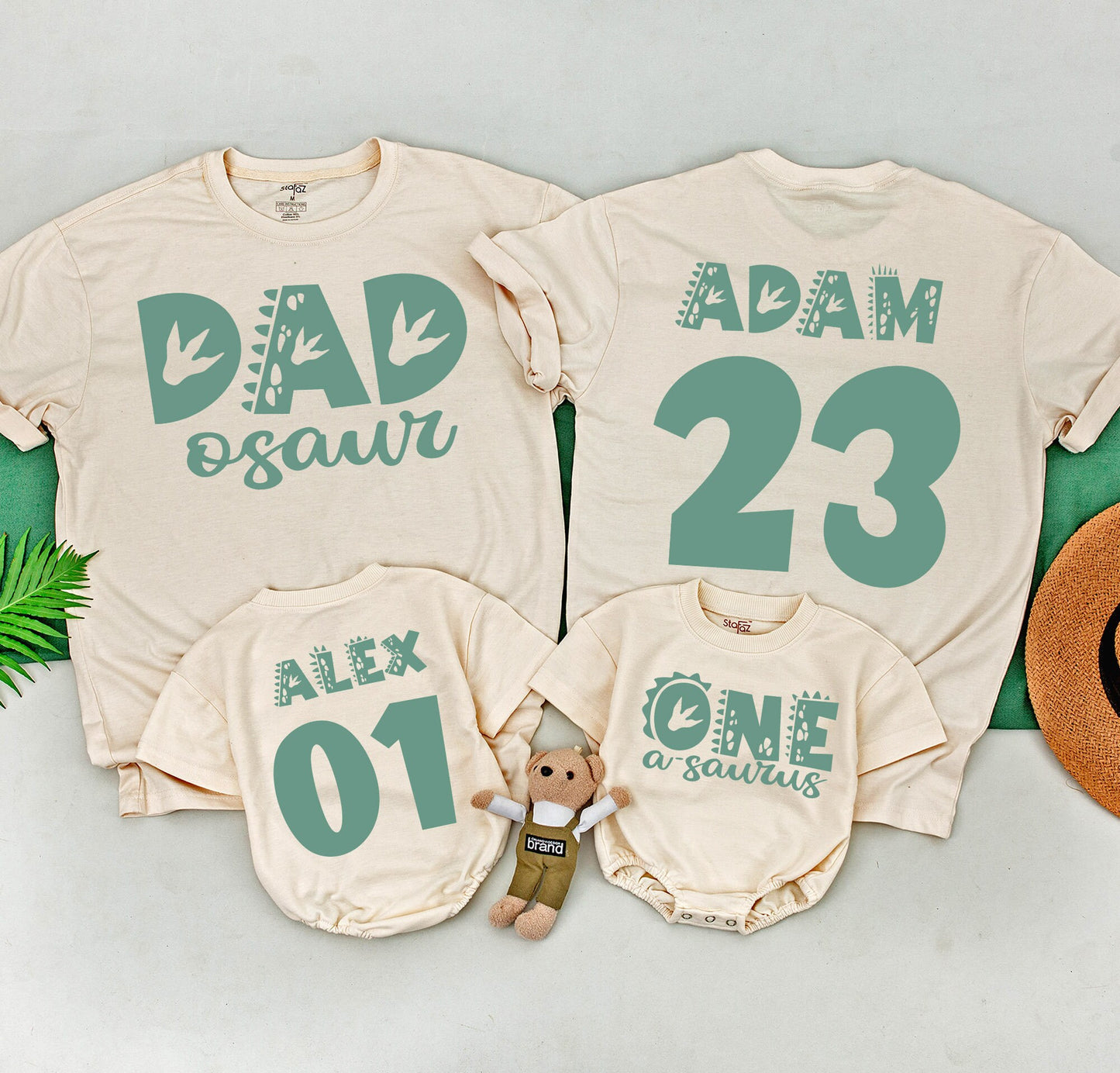 Matching Teal Dinosaur 1st Birthday Family Shirts: Dad-osaur, Adam 23, Alex 01! One-A-Saurus First Birthday Outfit