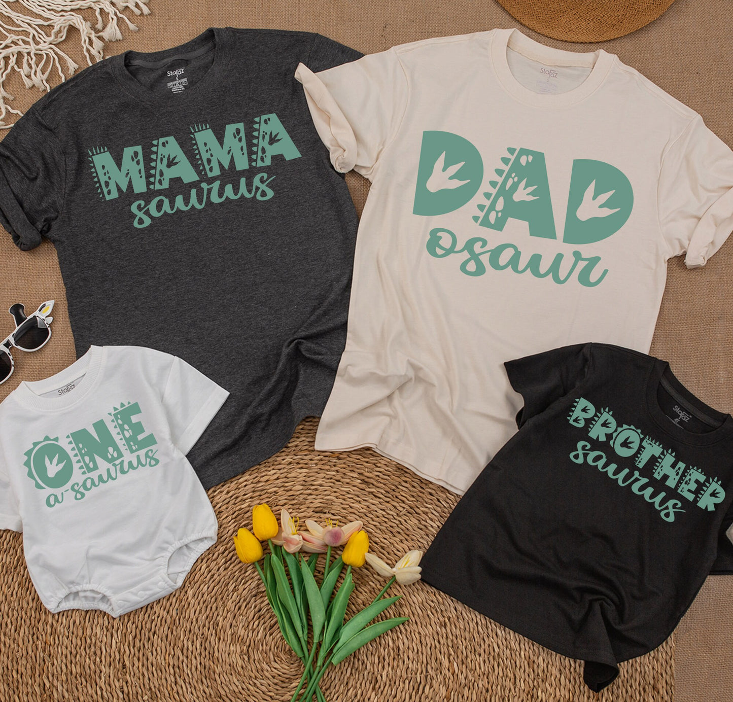 Matching Teal Dinosaur 1st Birthday Family Shirts: Dad-osaur, Adam 23, Alex 01! One-A-Saurus First Birthday Outfit