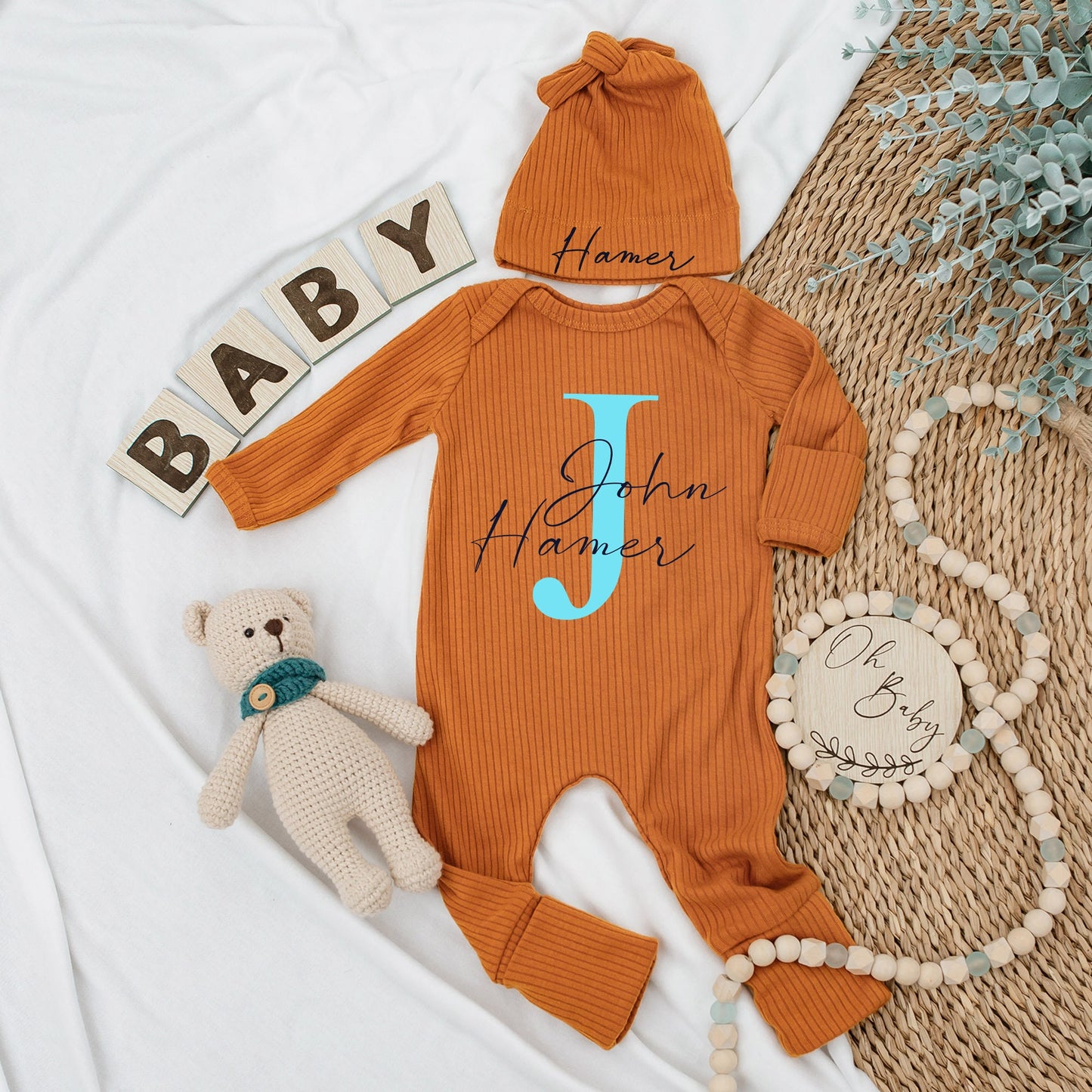 Baby Boy Coming Home Monogrammed Gray Footie with Light Blue J Initial and Dark Blue John Hamer Name Newborn Photo Outfit Baby Shower Gift