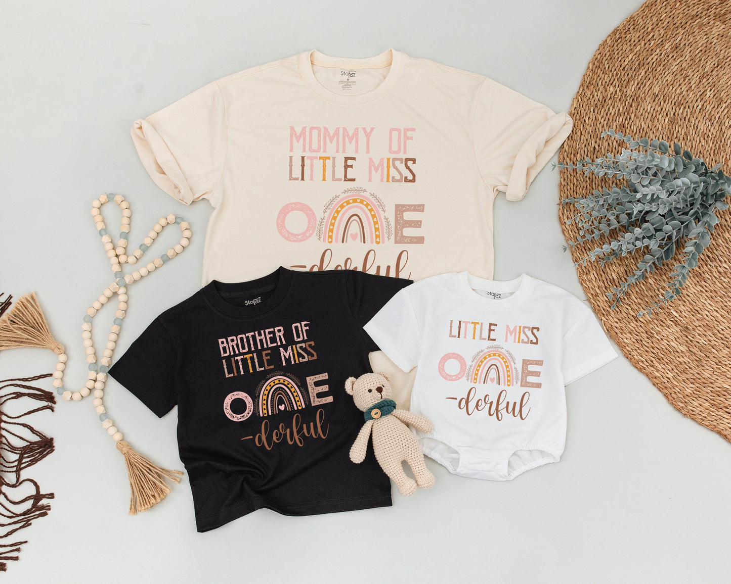 Boho Rainbow First Birthday Shirt Little Miss ONEderful Cake Smash Outfit Girls Birthday Family Matching Rainbow