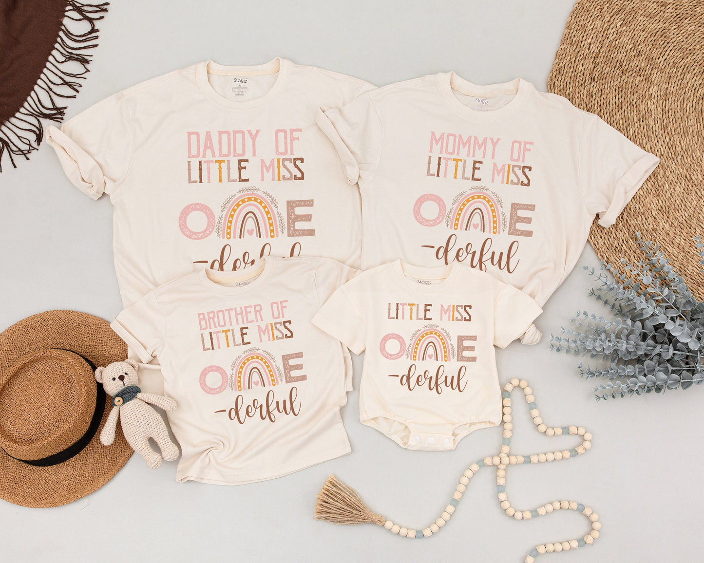 Boho Rainbow First Birthday Shirt Little Miss ONEderful Cake Smash Outfit Girls Birthday Family Matching Rainbow