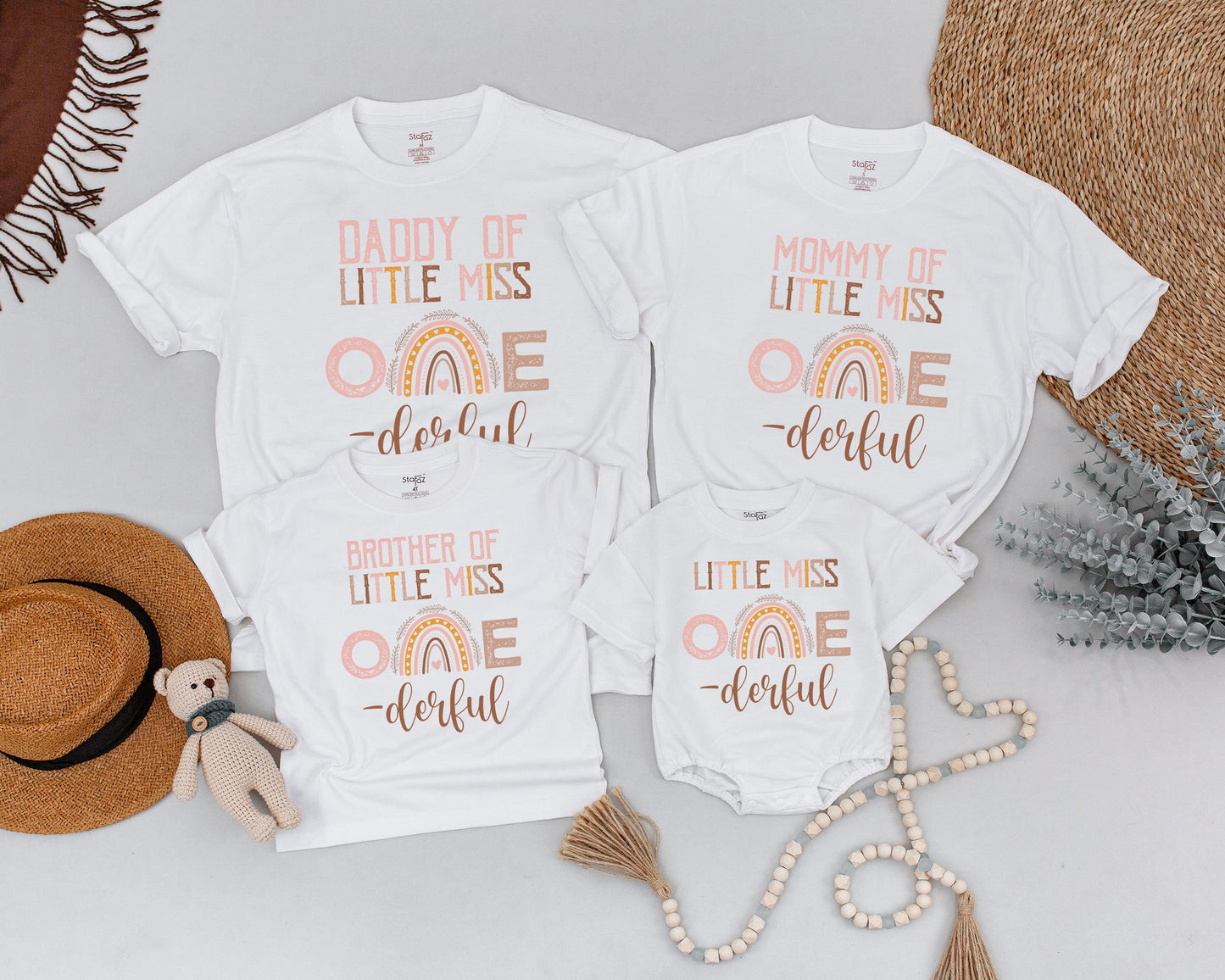 Boho Rainbow First Birthday Shirt Little Miss ONEderful Cake Smash Outfit Girls Birthday Family Matching Rainbow