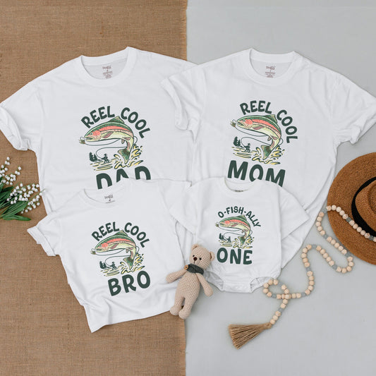 O-Fish-Ally One 1st Birthday Fishing Outfit Matching Family Shirts Reel Cool Dad Baby Romper Retro Trout Design First Birthday Party One Year Old Gift