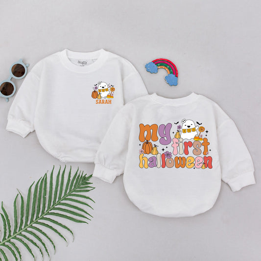 Personalized My First Halloween Romper Baby Girl Cute Retro Ghost Pumpkin Design Whimsical Newborn Bodysuit Spooky Season Gift