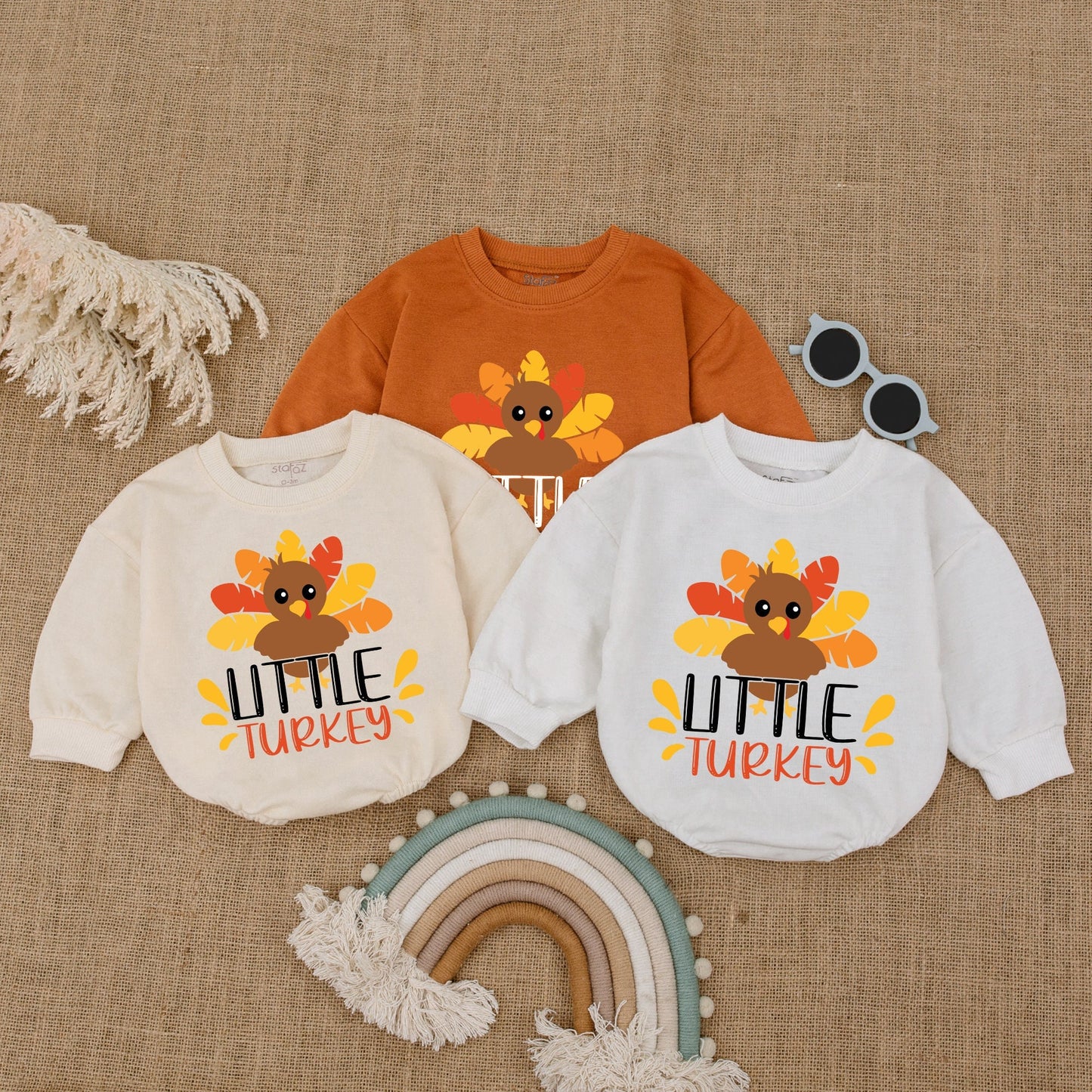Cute Little Turkey Retro Natural Baby Romper Thanksgiving Bodysuit Bright Feather Design Autumn Kids Baby Shower Gift