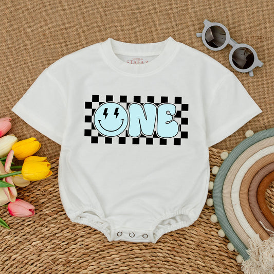 Blue One Happy Dude Romper Smiley Face Baby Boy First Birthday Outfit Matching Family Celebration Retro Checkerboard Cake Smash