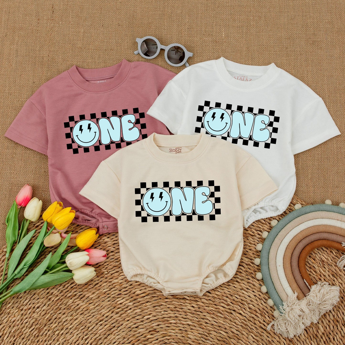 Blue Smiley Face Romper – First Birthday Outfit & Cake Smash Suit