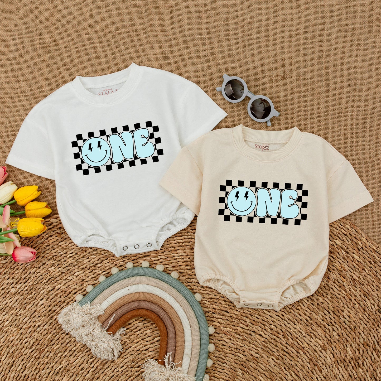 Blue One Happy Dude Romper Smiley Face Baby Boy First Birthday Outfit Matching Family Celebration Retro Checkerboard Cake Smash