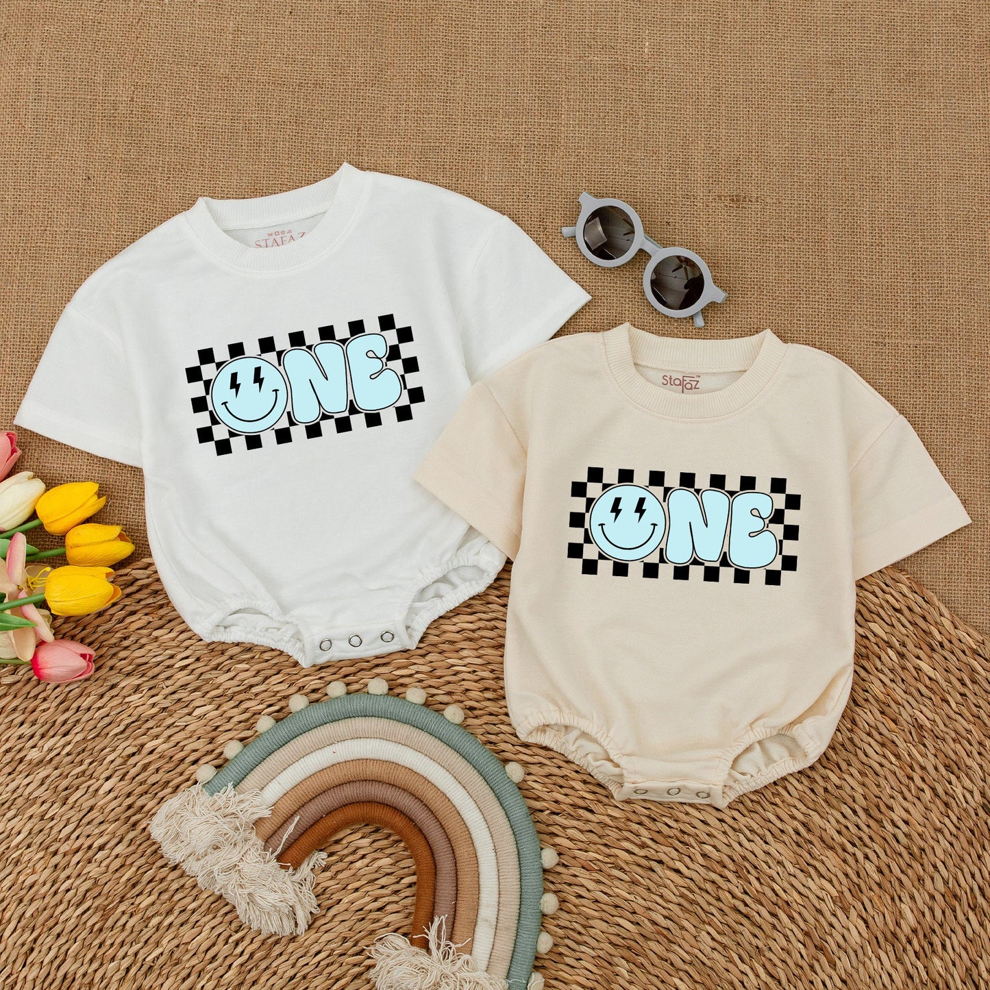 Blue Smiley Face Romper – First Birthday Outfit & Cake Smash Suit