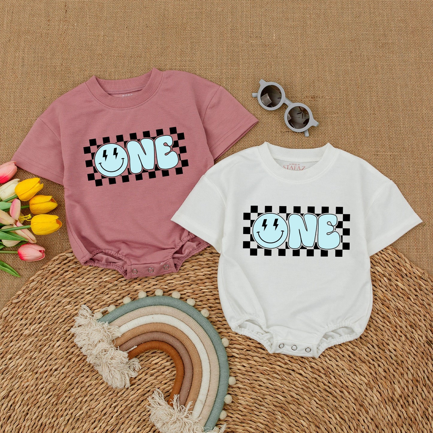 Blue Smiley Face Romper – First Birthday Outfit & Cake Smash Suit