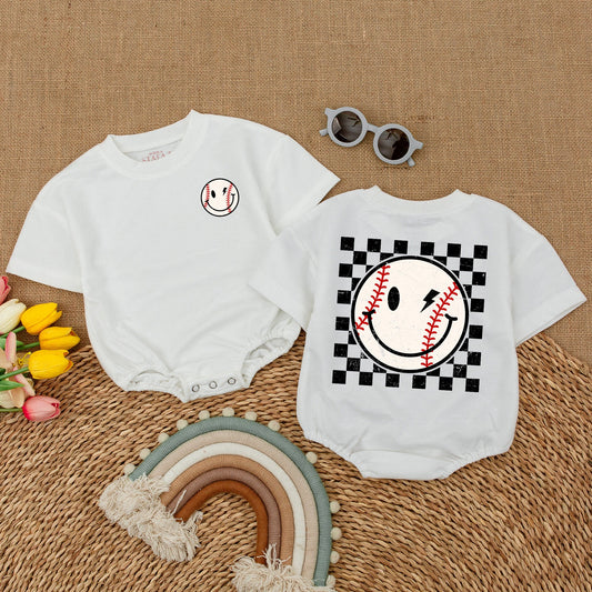 Baseball Smile Face Baby Bubble Romper Retro Checkered Game Day Bodysuit for Newborns, a charming First Season Baseball Baby Shower Gift