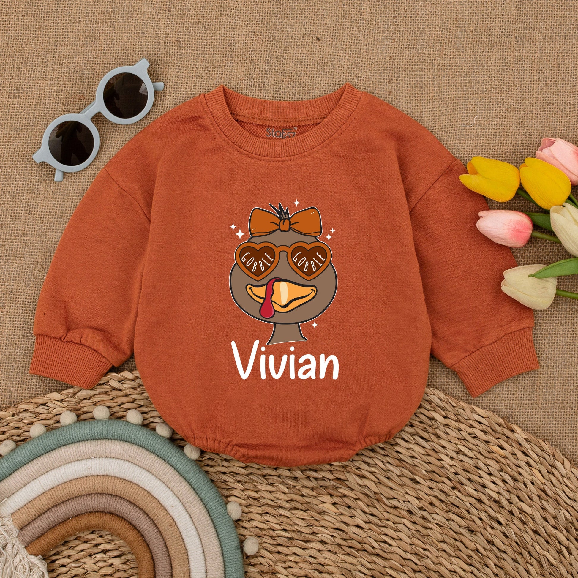 Personalized Turkey Baby Romper - Cute Thanksgiving Fall Bodysuit