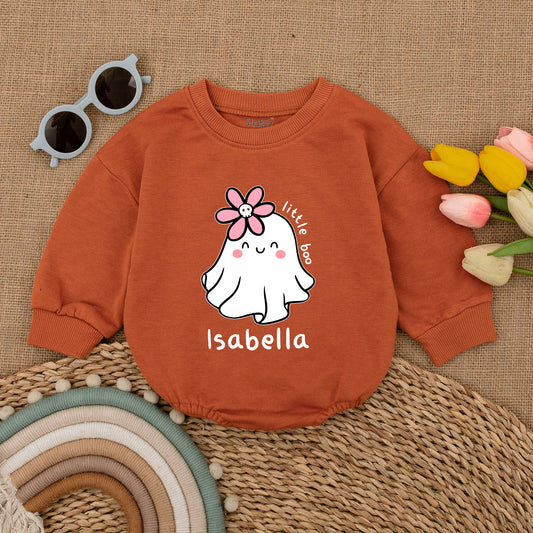 Custom Name Little Boo Baby Romper with Cute Pink Ghost and Skull Flower, Halloween Spooky Fall Baby Shower Gift Bubble Bodysuit Outfit