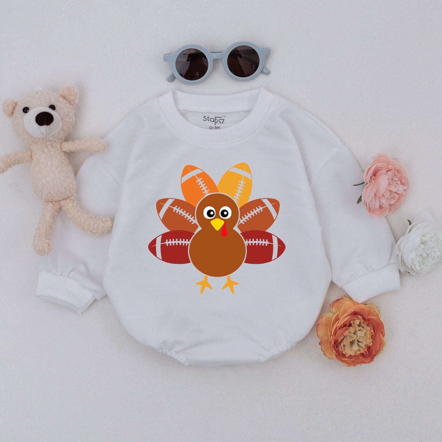 Football Turkey Baby Romper - First Thanksgiving & Fall Outfit