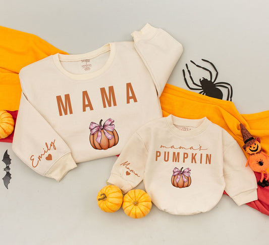 Matching Mama & Mama's Pumpkin Sweatshirts Mommy and Me Outfit Fall Thanksgiving Gift Custom Name Sleeve Heart Detail 140 Characters