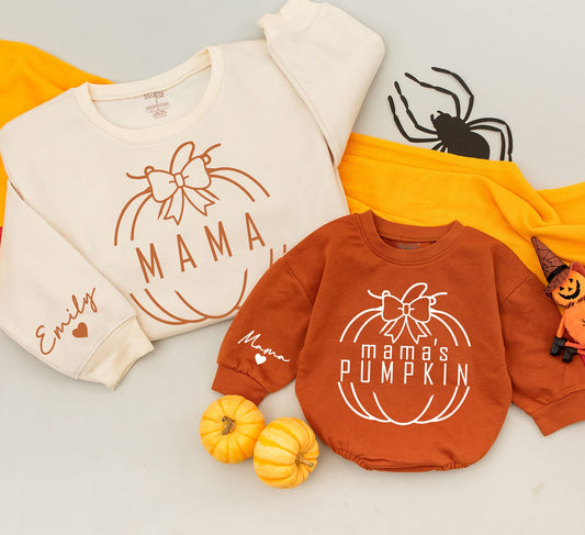 Custom Mama Pumpkin Sweatshirt & Baby Romper Matching Fall Outfits White Pumpkin Bow Design Personalized Name Sleeve Cozy Family Gifts