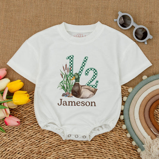 Lucky Duck Half Birthday Romper Mallard Duck Gingham 1/2 Design Jameson Brown Serif Soft Cotton Bubble Short Sleeve Celebration Gift for Baby