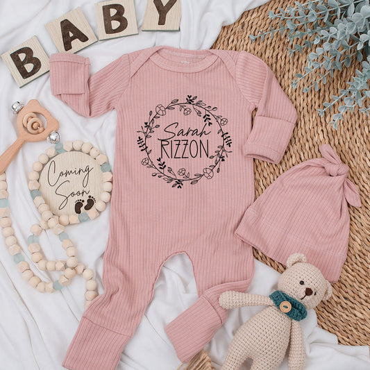 Personalized Sarah Rizzon Baby Romper - Botanical Wreath Design Soft Long Sleeve Newborn Outfit Gift for Baby Boy or Girl