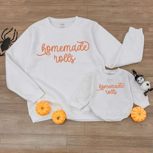 Homemade Rolls Baby Romper Retro Natural Cursive White Text Fall Toddler Sweater Autumn Kids Clothes Funny Thanksgiving Day Baby Shower