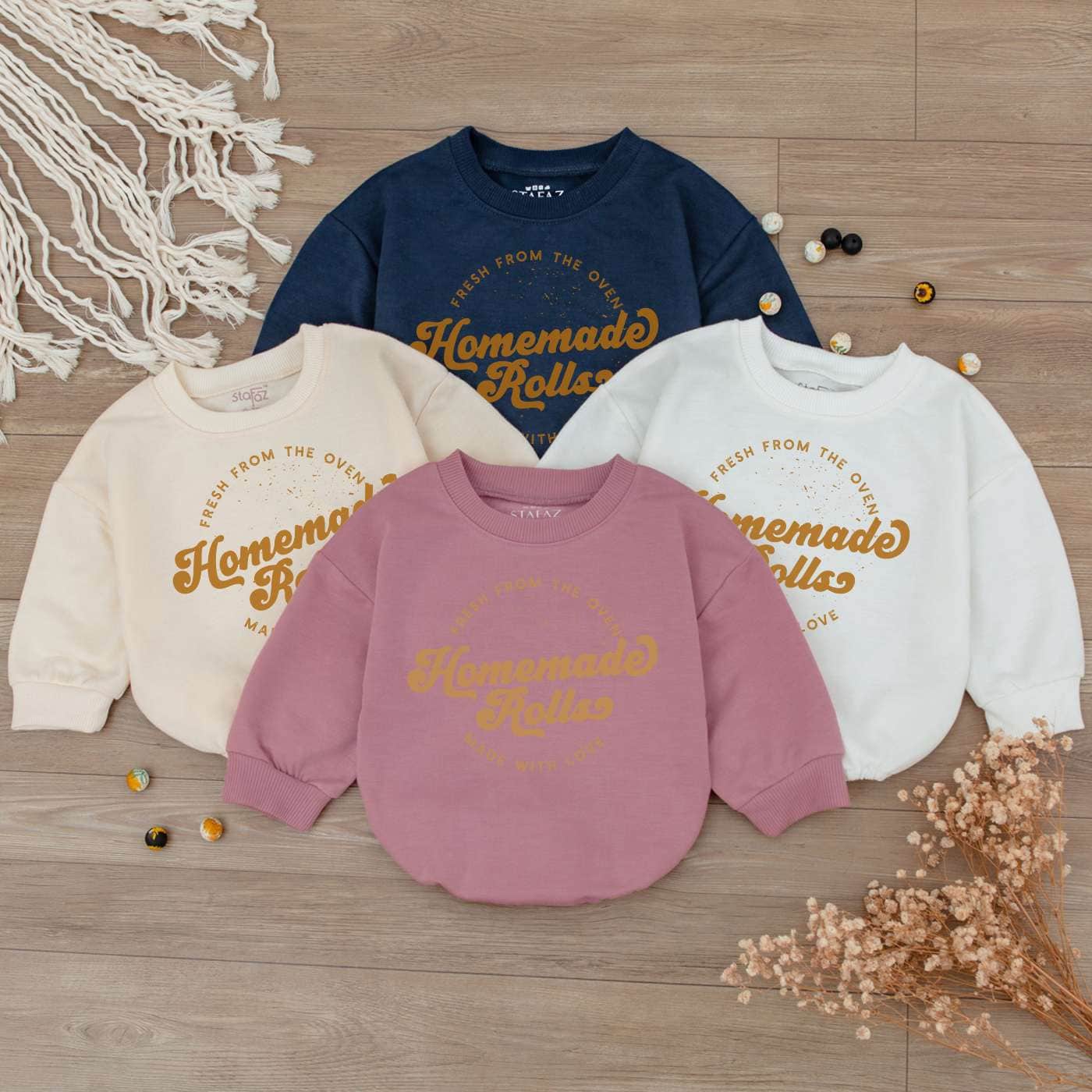 Fresh From the Oven Baby Romper Homemade Rolls Thanksgiving Outfit Retro Fall Toddler Sweater Funny Autumn Kids Clothes Made with Love Baby Shower Gift (138 chars)