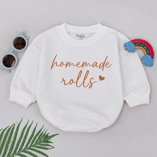 Homemade Rolls Baby Romper with Cursive Print & Heart, Retro Fall Outfit, Cute Baby Clothes, Thanksgiving Bodysuit Gift (138 chars)
