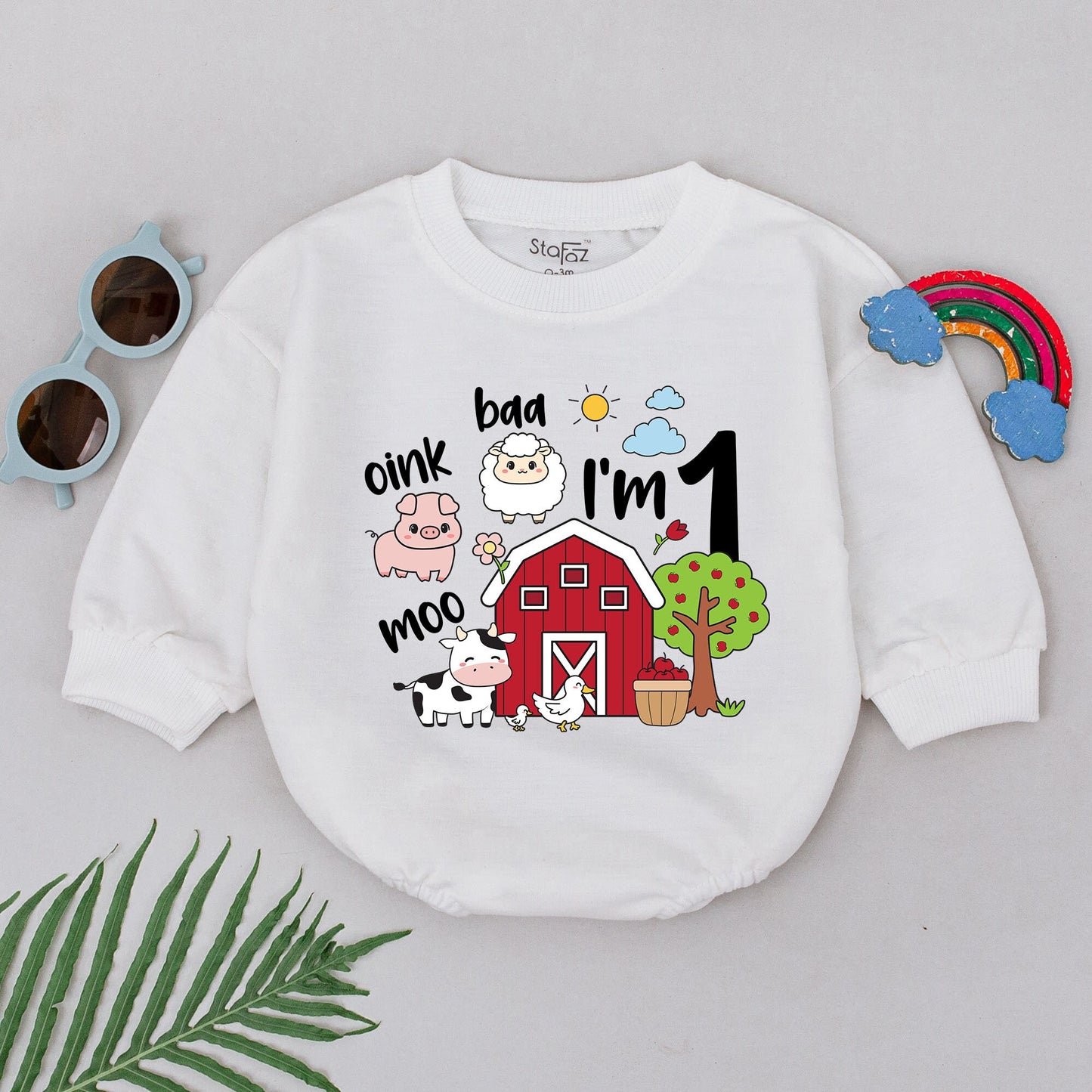 One "I'm 1" Farm Birthday Romper Baby Girl Boy Outfit Cute Pig Cow Sheep Barn Apples Tree Sun Clouds 1st Birthday Baby Shower Gift
