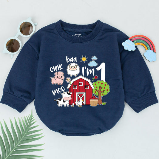 One "I'm 1" Farm Birthday Romper Baby Girl Boy Outfit Cute Pig Cow Sheep Barn Apples Tree Sun Clouds 1st Birthday Baby Shower Gift