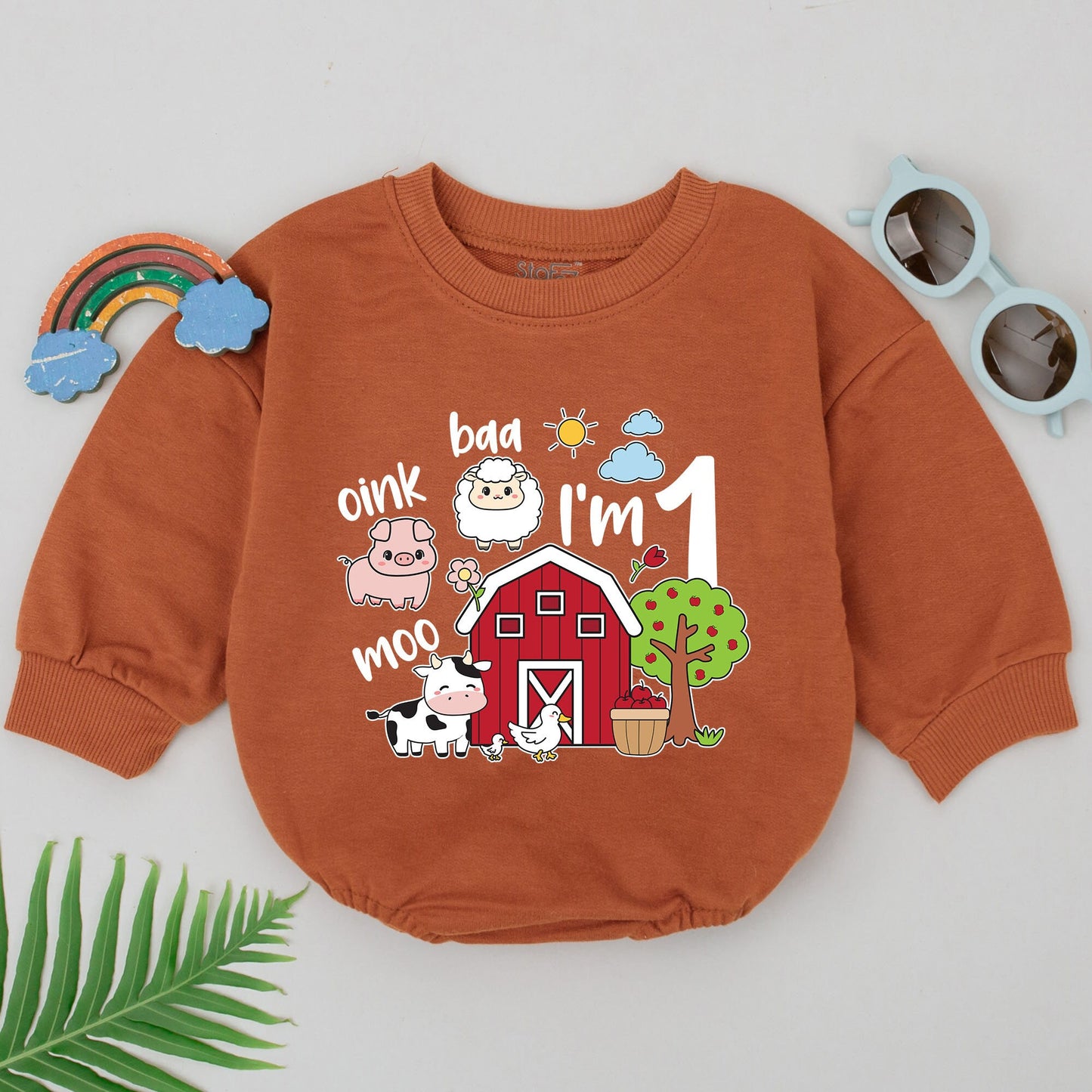One "I'm 1" Farm Birthday Romper Baby Girl Boy Outfit Cute Pig Cow Sheep Barn Apples Tree Sun Clouds 1st Birthday Baby Shower Gift
