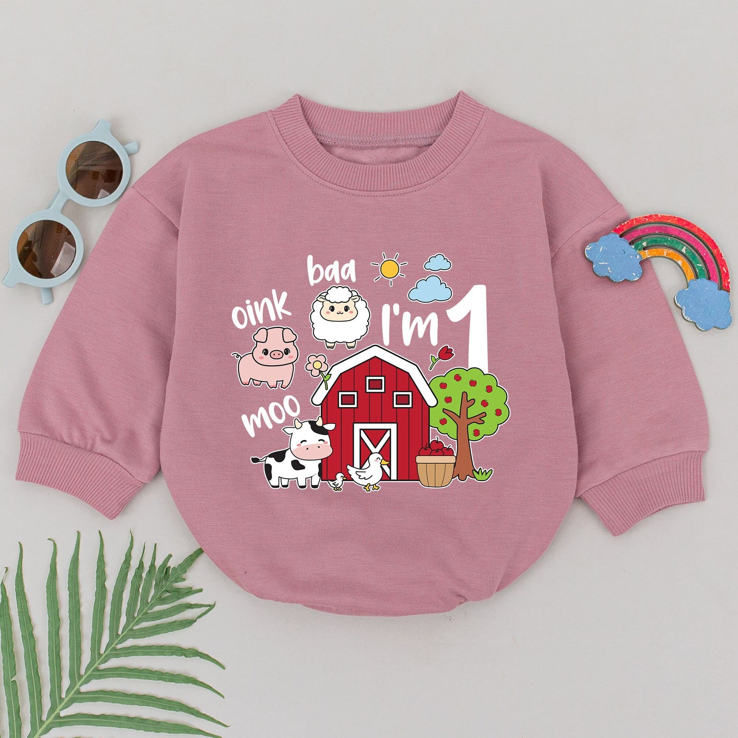 One "I'm 1" Farm Birthday Romper Baby Girl Boy Outfit Cute Pig Cow Sheep Barn Apples Tree Sun Clouds 1st Birthday Baby Shower Gift